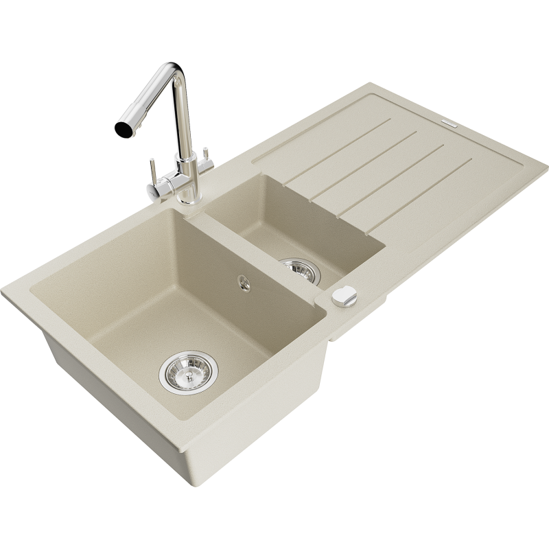 Mexen Andres granite sink 1.5-bowl with drainer and Duero kitchen tap, beige - 6515-69-671600-00