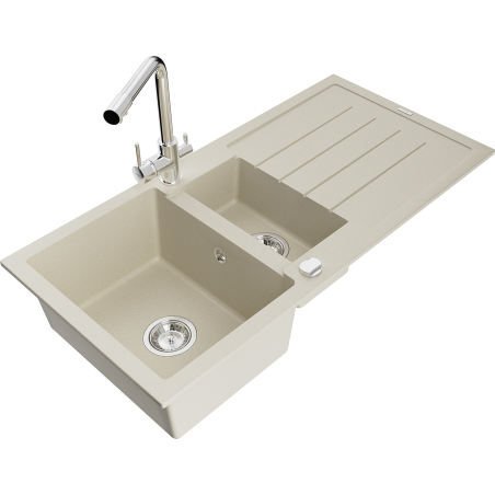 Mexen Andres granite sink 1.5-bowl with drainer and Duero kitchen tap, beige - 6515-69-671600-00