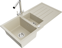 Mexen Andres 1.5-compartment granite sink with a drip tray and kitchen mixer tap Duero, Beige - 6515-69-671600-00