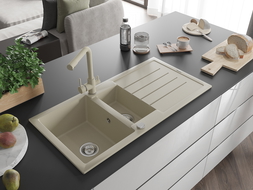 Mexen Andres granite sink 1.5-bowl with drainer and Duero kitchen tap, beige - 6515-69-671600-69