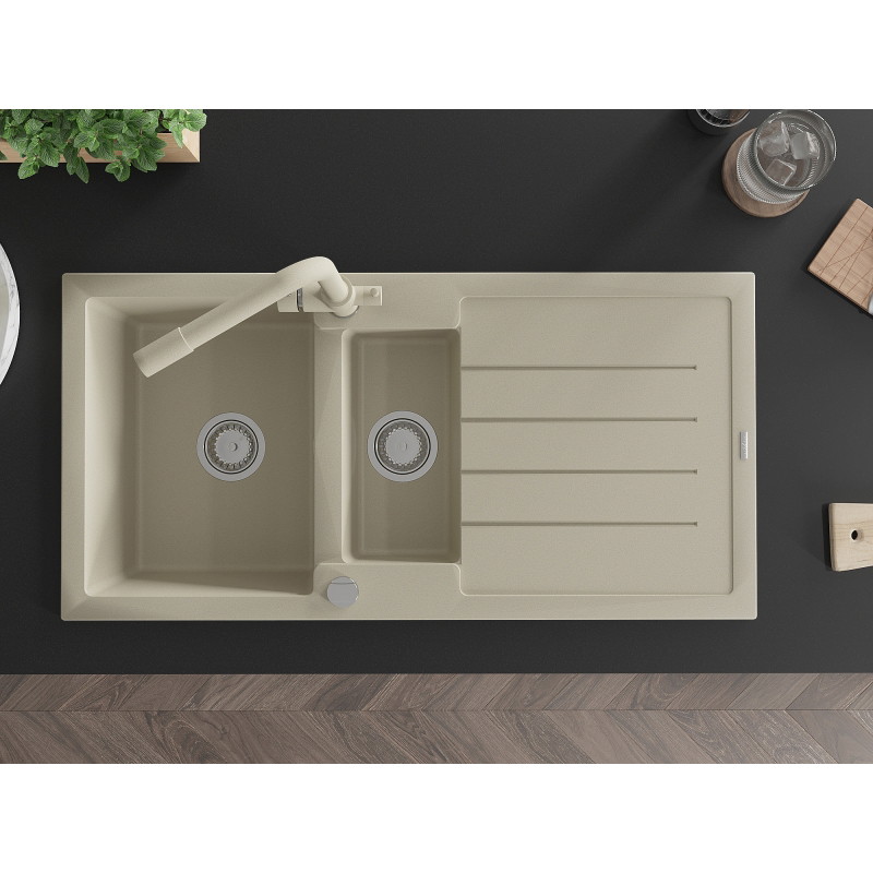 Mexen Andres granite sink with 1.5 bowls, drainer, and Duero kitchen faucet, beige - 6515-69-671600-69