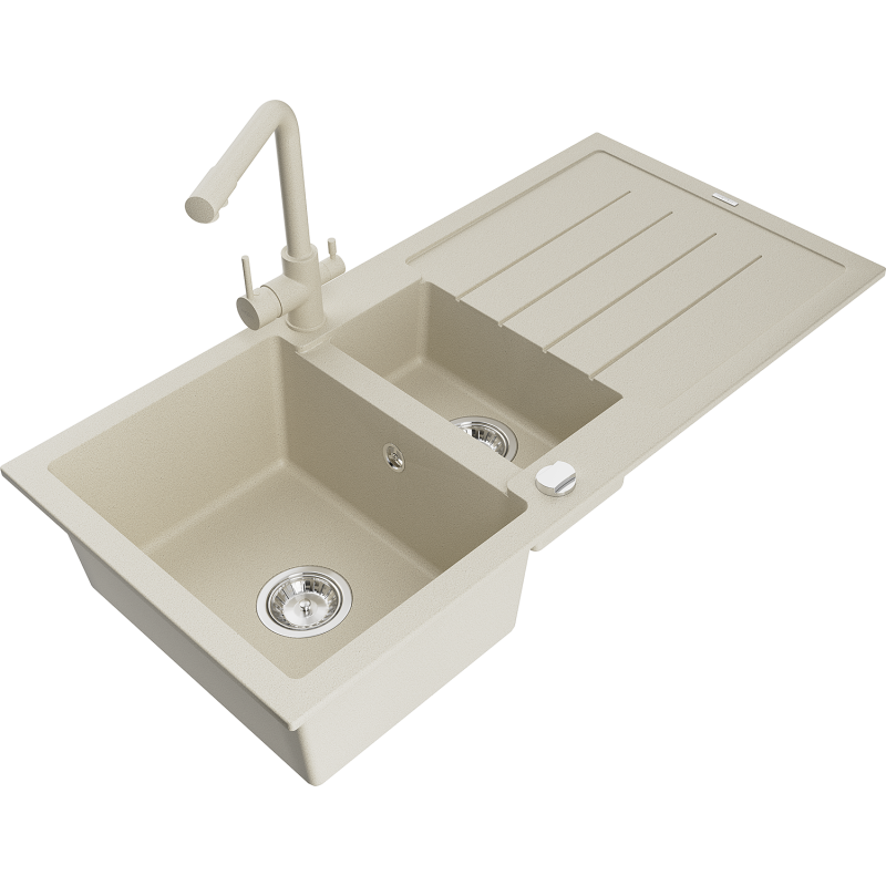 Mexen Andres granite sink 1.5-bowl with drainer and Duero kitchen tap, beige - 6515-69-671600-69