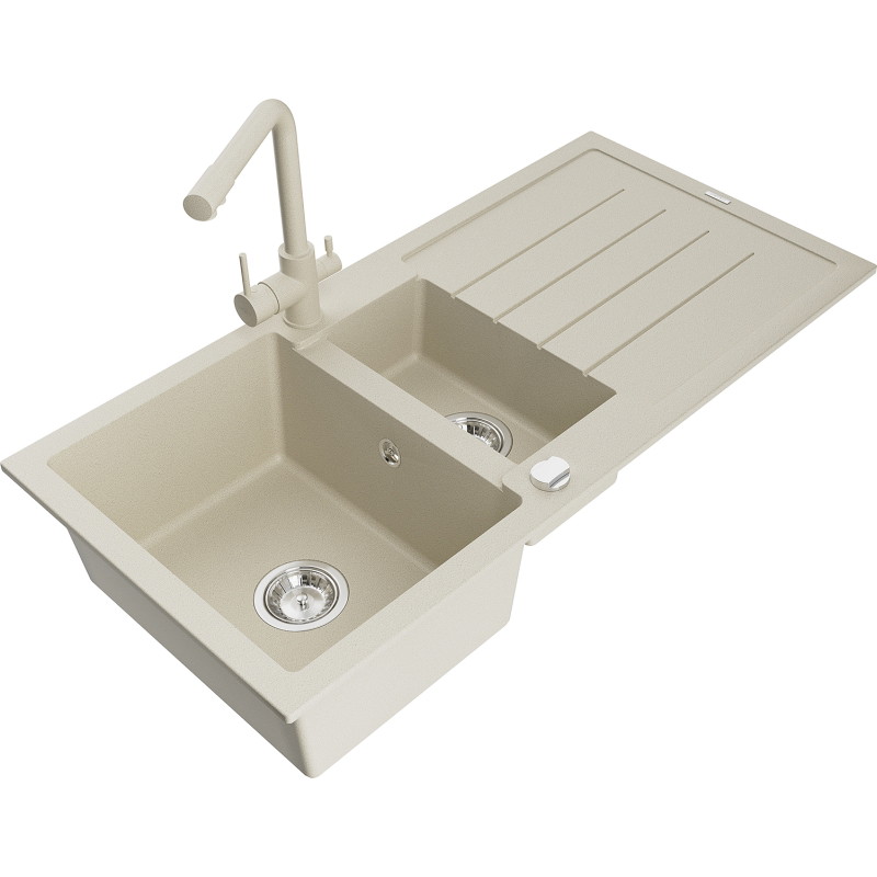 Mexen Andres granite sink with 1.5 bowls, drainer, and Duero kitchen faucet, beige - 6515-69-671600-69