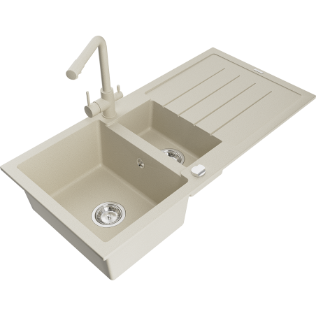 Mexen Andres granite sink 1.5-bowl with drainer and kitchen faucet Duero, beige - 6515-69-671600-69
