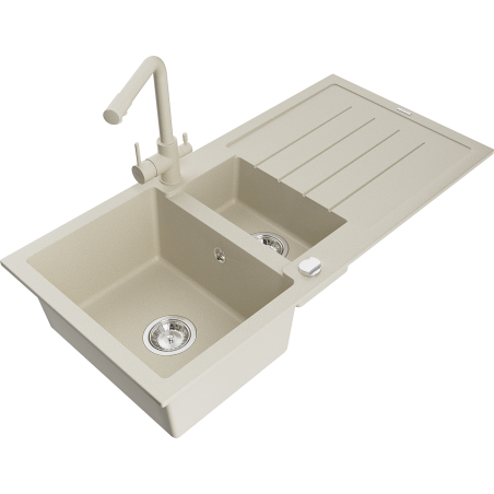 Mexen Andres granite sink with 1.5 bowls, drainer, and Duero kitchen faucet, beige - 6515-69-671600-69