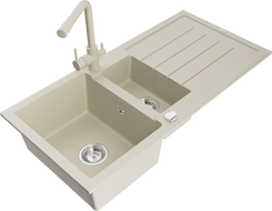 Mexen Andres granite sink 1.5-bowl with drainer and kitchen faucet Duero, beige - 6515-69-671600-69
