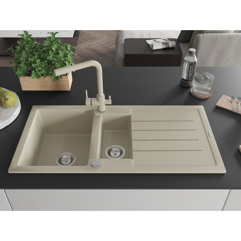 Mexen Andres granite sink with 1.5 bowls, drainer, and Duero kitchen faucet, beige - 6515-69-671600-69