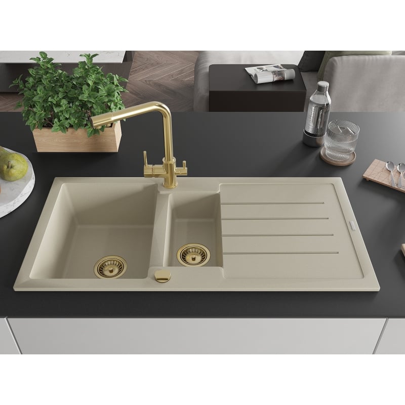 Mexen Andres granite sink 1.5-bowl with drainer and Duero kitchen faucet, beige - 6515-69-671600-50