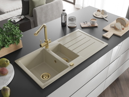 Mexen Andres 1.5-bowl granite sink with drainer and Duero kitchen faucet, beige - 6515-69-671600-50