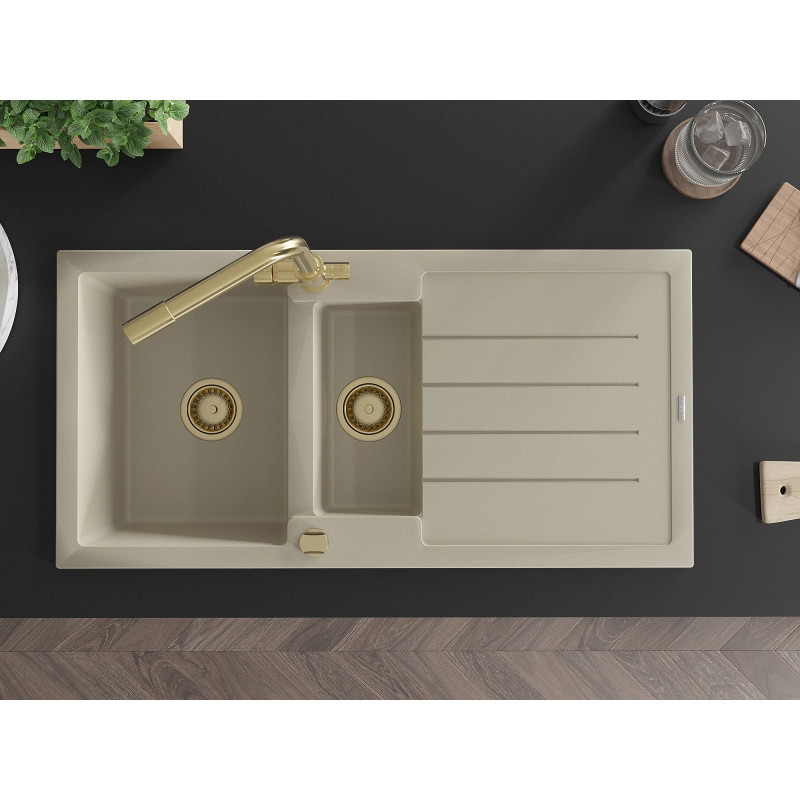 Mexen Andres 1.5-bowl granite sink with drainer and Duero kitchen faucet, beige - 6515-69-671600-50