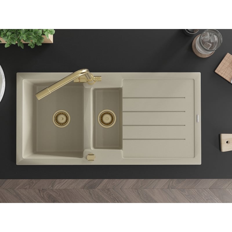 Mexen Andres granite sink 1.5-bowl with drainer and Duero kitchen faucet, beige - 6515-69-671600-50