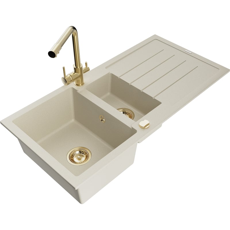 Mexen Andres 1.5-bowl granite sink with drainer and Duero kitchen faucet, beige - 6515-69-671600-50