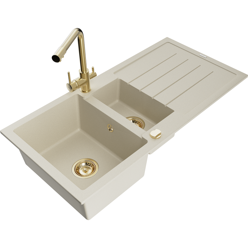 Mexen Andres 1.5-bowl granite sink with drainer and Duero kitchen tap, beige - 6515-69-671600-50