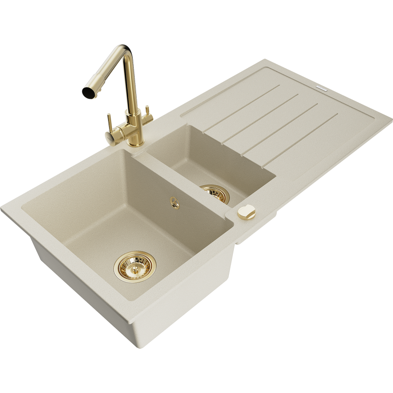 Mexen Andres 1.5-compartment granite sink with a drip tray and kitchen mixer tap Duero, Beige - 6515-69-671600-50