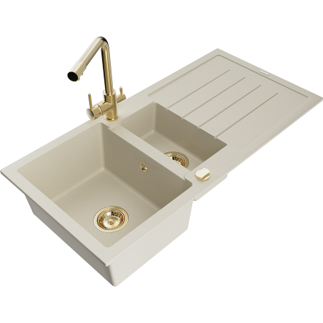 Mexen Andres 1.5-bowl granite sink with drainer and Duero kitchen faucet, beige - 6515-69-671600-50