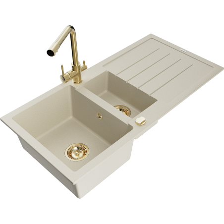 Mexen Andres 1.5-compartment granite sink with a drip tray and kitchen mixer tap Duero, Beige - 6515-69-671600-50