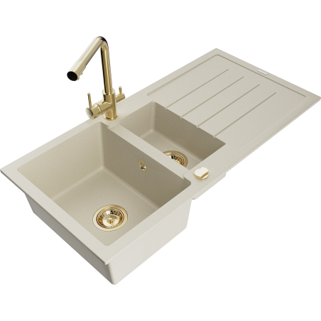 Mexen Andres granite sink 1.5-bowl with drainer and Duero kitchen faucet, beige - 6515-69-671600-50