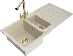 Mexen Andres granite sink 1.5-bowl with drainer and Duero kitchen faucet, beige - 6515-69-671600-50