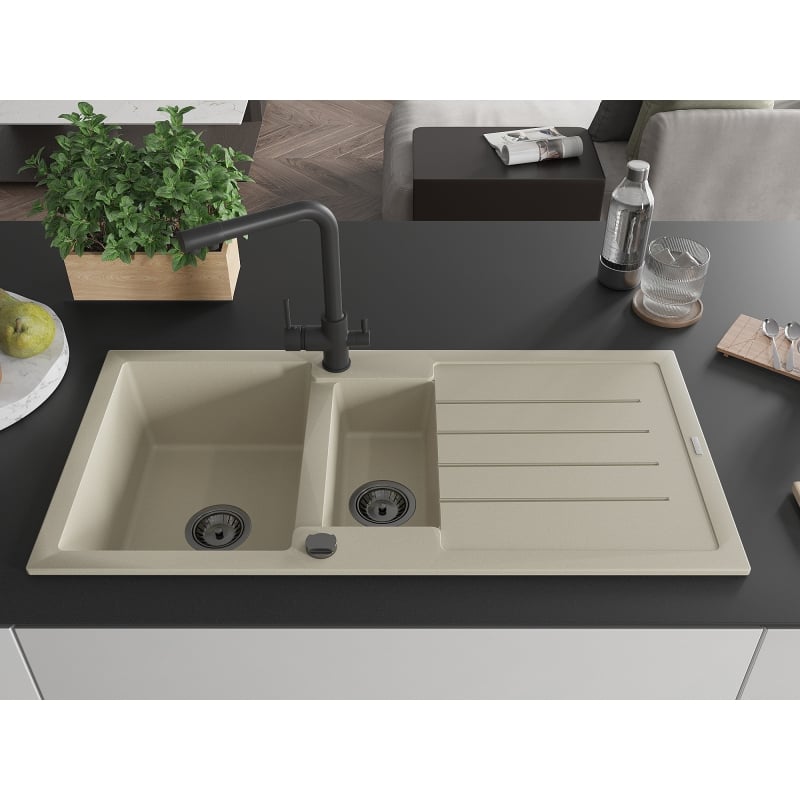 Mexen Andres 1.5-bowl granite sink with drainer and Duero kitchen faucet, beige - 6515-69-671600-70