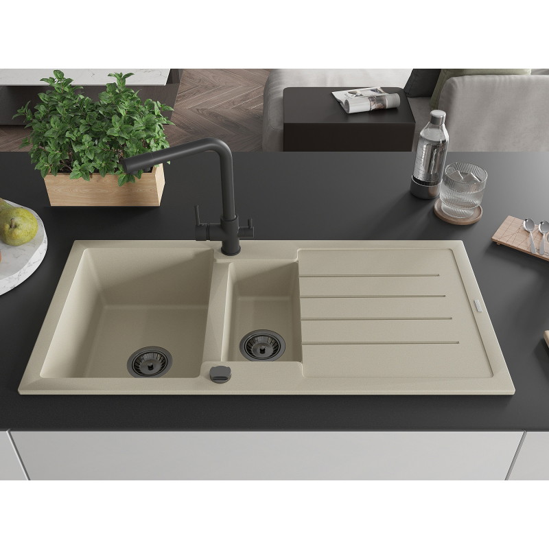 Mexen Andres granite sink 1.5-bowl with drainer and Duero kitchen faucet, beige - 6515-69-671600-70