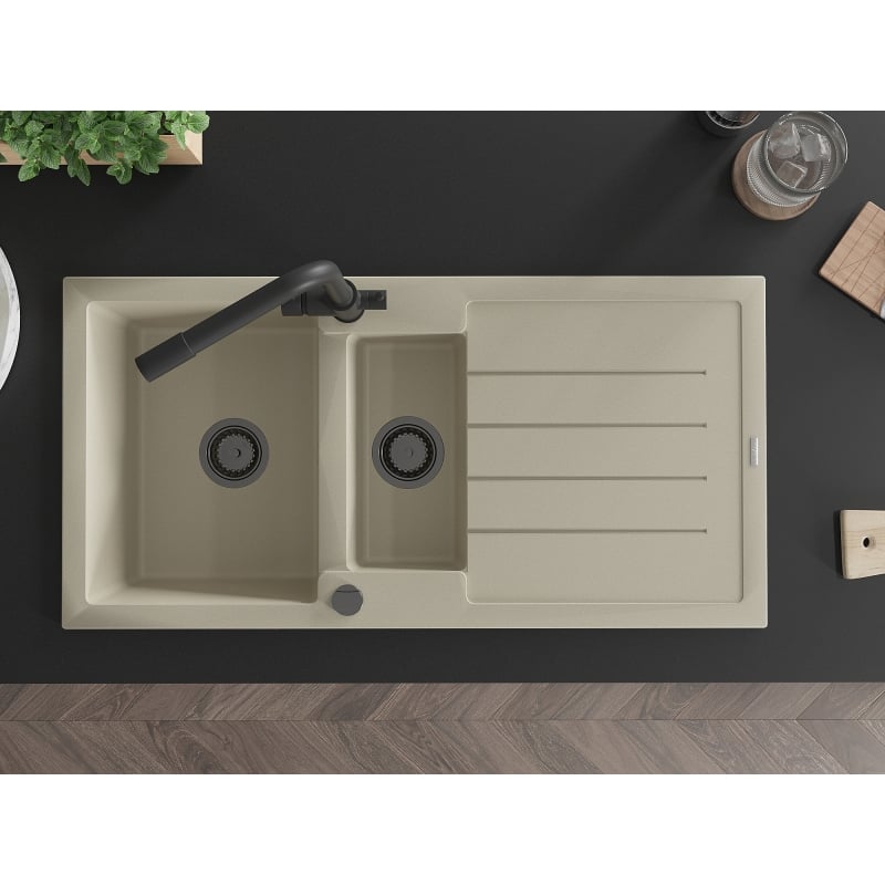Mexen Andres 1.5-bowl granite sink with drainer and Duero kitchen faucet, beige - 6515-69-671600-70