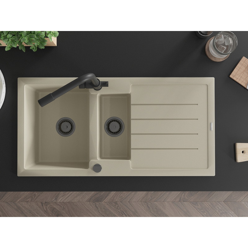 Mexen Andres granite sink 1.5-bowl with drainer and Duero kitchen faucet, beige - 6515-69-671600-70
