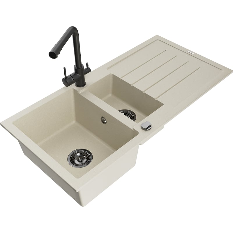 Mexen Andres 1.5-bowl granite sink with drainer and Duero kitchen faucet, beige - 6515-69-671600-70