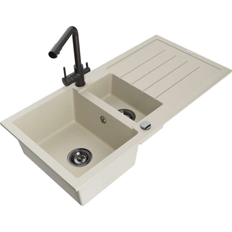 Mexen Andres granite sink 1.5-bowl with drainer and Duero kitchen faucet, beige - 6515-69-671600-70