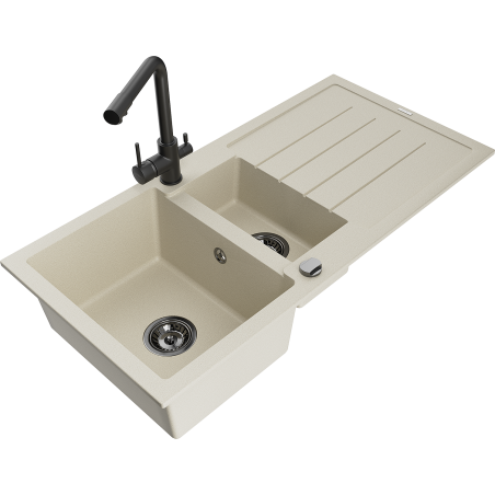 Mexen Andres 1.5-bowl granite sink with drainer and Duero kitchen faucet, beige - 6515-69-671600-70