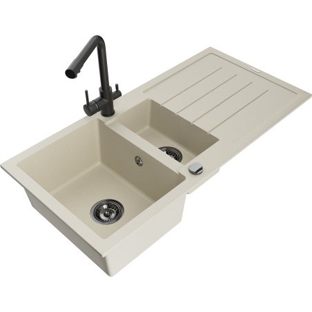 Mexen Andres granite sink 1.5-bowl with drainer and Duero kitchen faucet, beige - 6515-69-671600-70