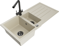 Mexen Andres 1.5-bowl granite sink with drainer and Duero kitchen faucet, beige - 6515-69-671600-70
