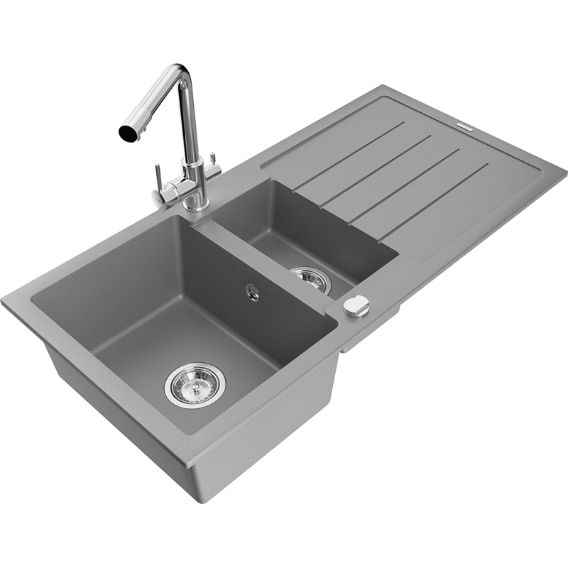 Mexen Andres 1.5-bowl granite sink with drainer and Duero kitchen tap, grey - 6515-71-671600-00
