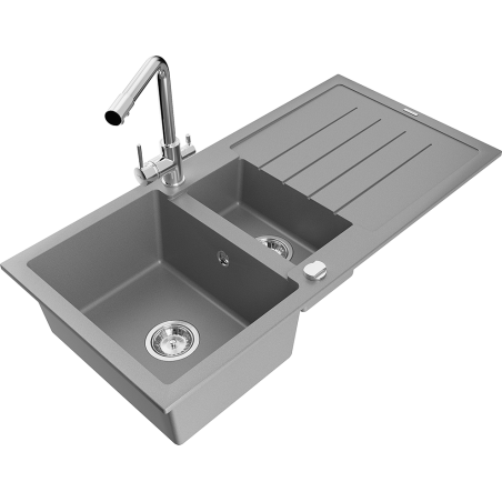 Mexen Andres 1.5-bowl granite sink with drainer and Duero kitchen faucet, gray - 6515-71-671600-00