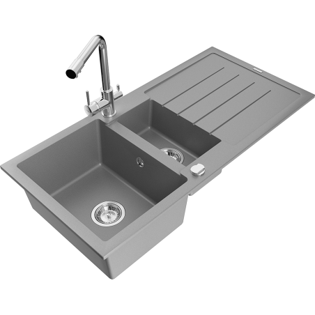 Mexen Andres 1.5-bowl granite sink with drainer and Duero kitchen tap, grey - 6515-71-671600-00
