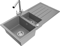 Mexen Andres 1.5-bowl granite sink with drainer and Duero kitchen faucet, gray - 6515-71-671600-00