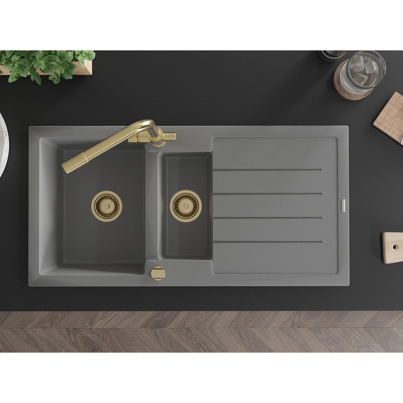 Mexen Andres granite sink 1.5-bowl with drainer and kitchen faucet Duero, gray - 6515-71-671600-50