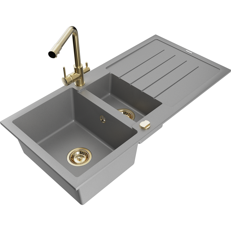 Mexen Andres granite sink 1.5-bowl with drainer and Duero kitchen tap, grey - 6515-71-671600-50