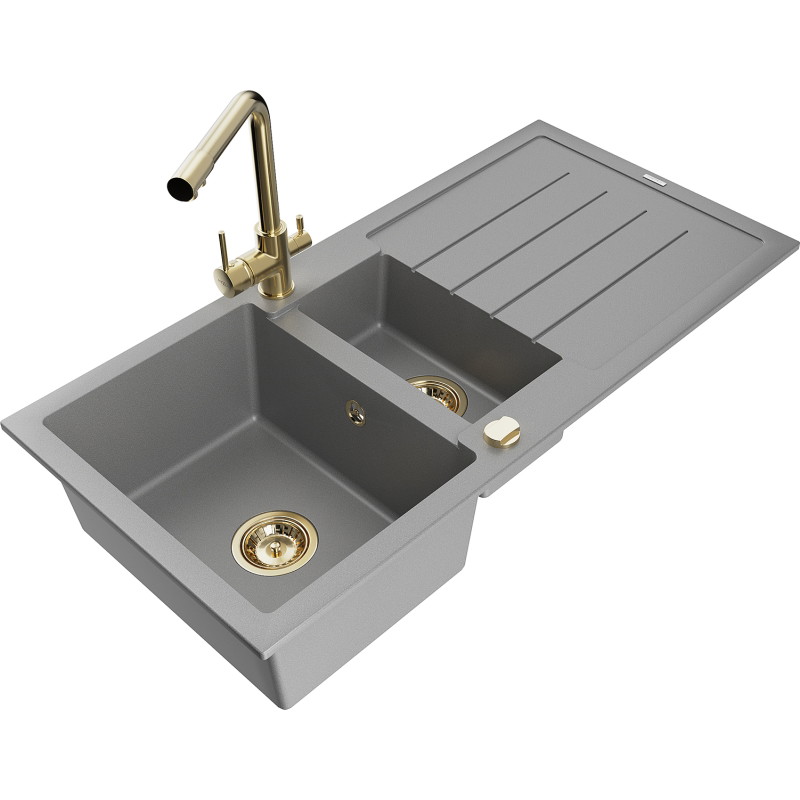 Mexen Andres granite sink 1.5-bowl with drainer and kitchen faucet Duero, gray - 6515-71-671600-50