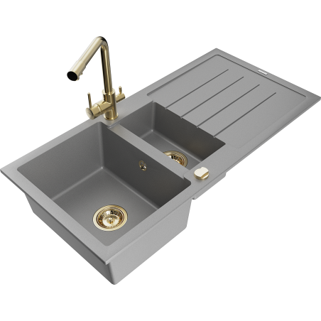 Mexen Andres granite sink 1.5-bowl with drainer and Duero kitchen tap, grey - 6515-71-671600-50