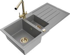 Mexen Andres granite sink 1.5-bowl with drainer and kitchen faucet Duero, gray - 6515-71-671600-50