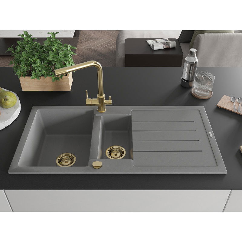 Mexen Andres granite sink 1.5-bowl with drainer and Duero kitchen tap, grey - 6515-71-671600-50