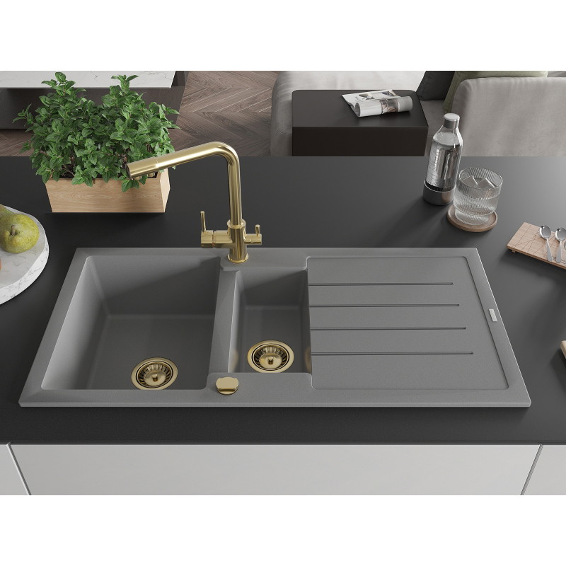 Mexen Andres granite sink 1.5-bowl with drainer and kitchen faucet Duero, gray - 6515-71-671600-50