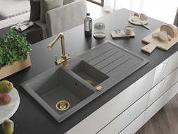 Mexen Andres 1.5-compartment granite sink with a drip tray and kitchen mixer tap Duero, Grey - 6515-71-671600-50