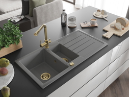 Mexen Andres granite sink 1.5-bowl with drainer and kitchen faucet Duero, gray - 6515-71-671600-50