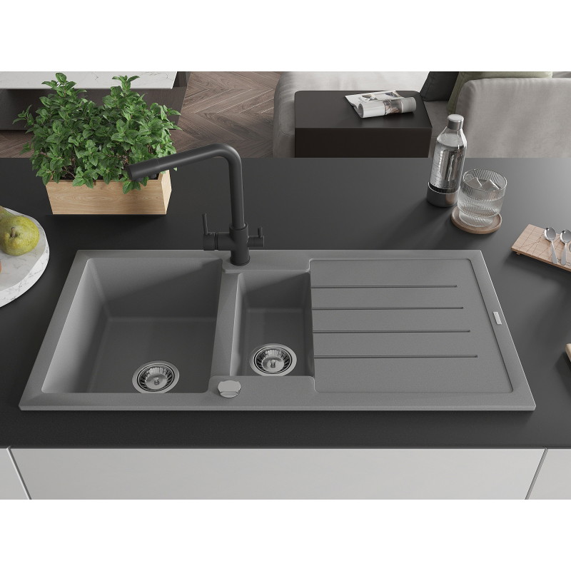 Mexen Andres granite sink 1.5-bowl with drainer and Duero kitchen faucet, gray - 6515-71-671600-70