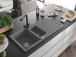 Mexen Andres granite kitchen sink 1.5-bowl with drainer and Duero kitchen faucet, gray - 6515-71-671600-70
