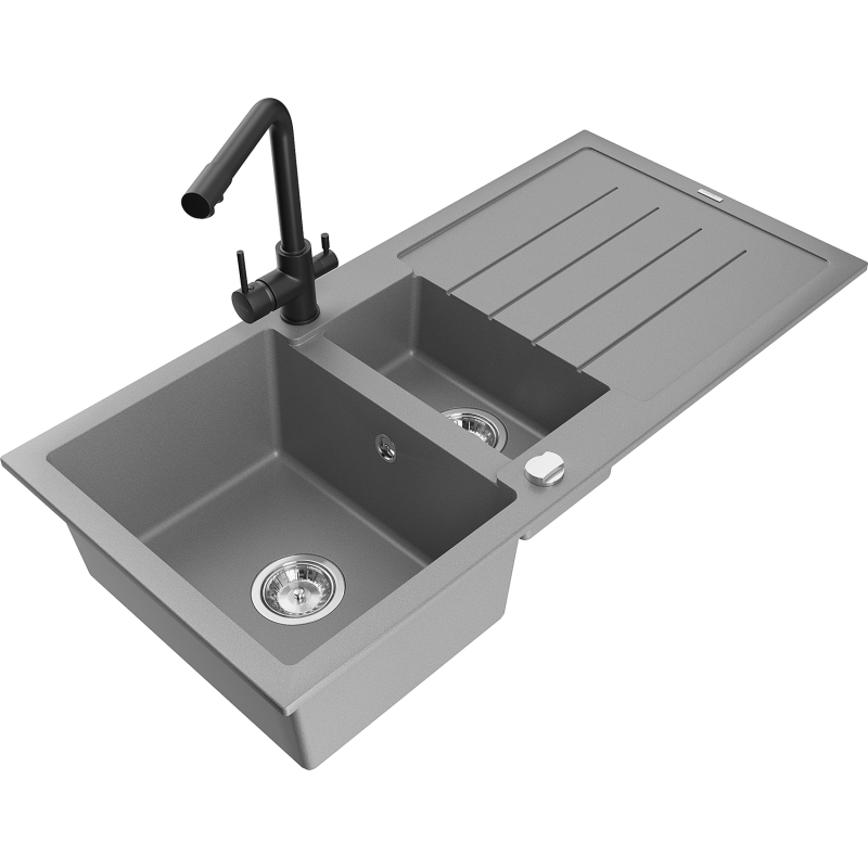 Mexen Andres 1.5-compartment granite sink with a drip tray and kitchen mixer tap Duero, Grey - 6515-71-671600-70