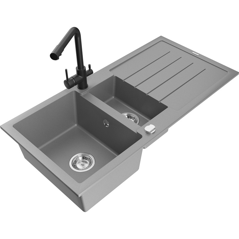 Mexen Andres granite sink 1.5-bowl with drainer and Duero kitchen faucet, gray - 6515-71-671600-70