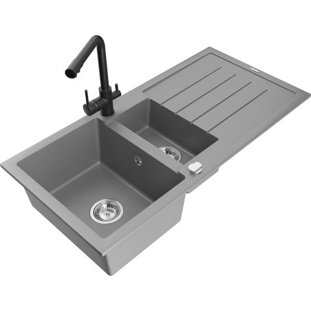 Mexen Andres granite sink 1.5-bowl with drainer and Duero kitchen faucet, gray - 6515-71-671600-70