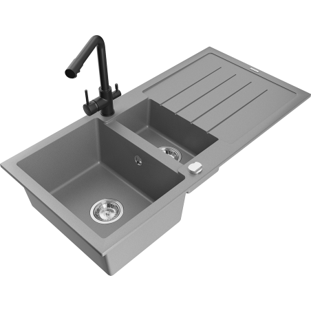 Mexen Andres granite sink 1.5-bowl with drainer and Duero kitchen tap, grey - 6515-71-671600-70